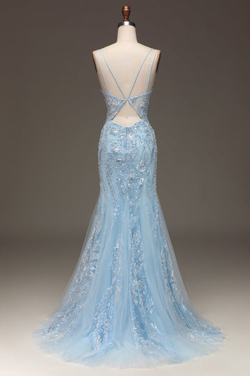 Blue Tulle Mermaid Ball Dress with Beaded